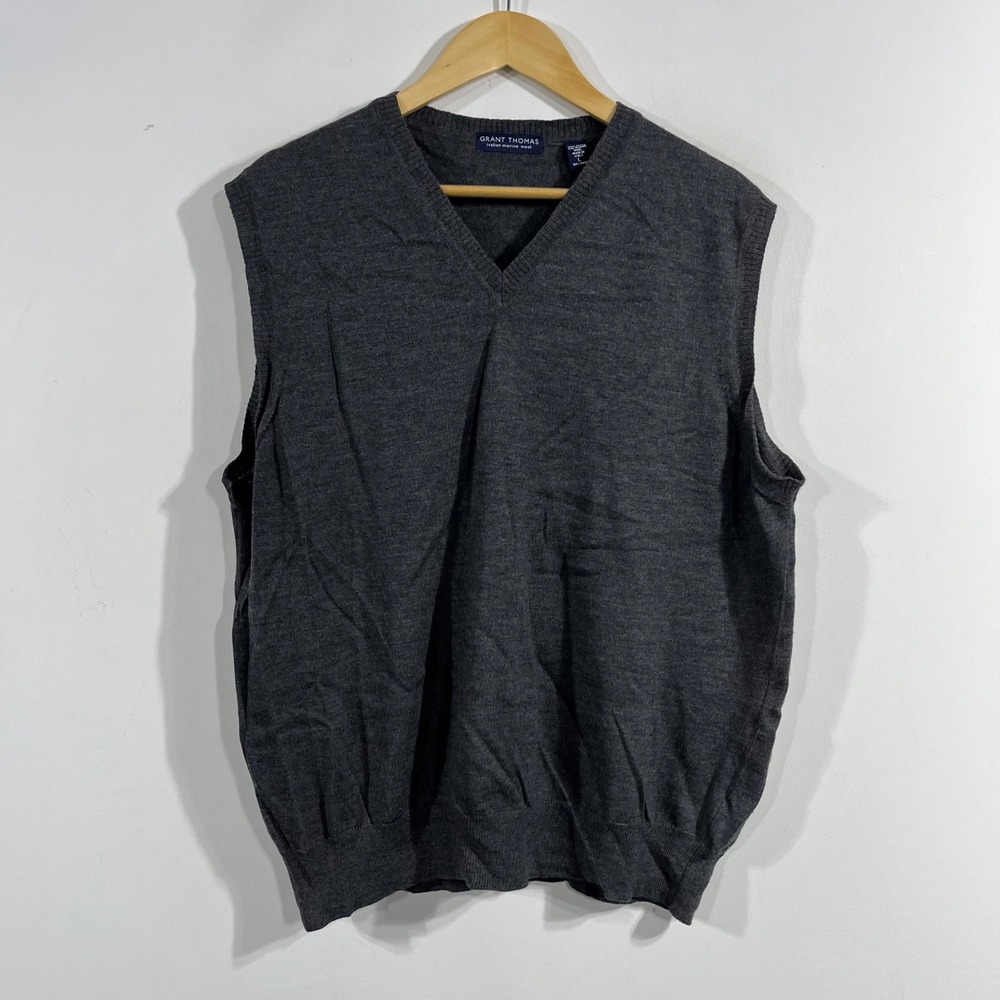 Grant Thomas Academia Extra Fine Italian Merino Wool V-Neck Sweater Vest Gray L